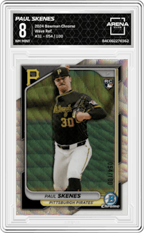 Paul Skenes from the 2024 Bowman Chrome set featuring a Wave Refractor parallel graded by Arena Club and given an overall grade of 8.
