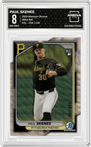 Paul Skenes from the 2024 Bowman Chrome set featuring a Wave Refractor parallel graded by Arena Club and given an overall grade of 8.