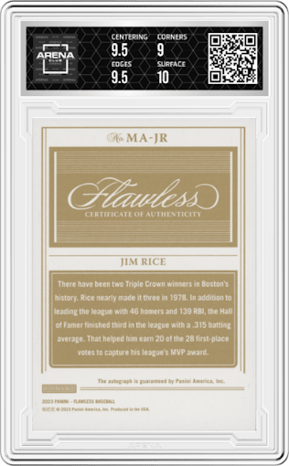 Jim Rice from the 2023 Panini Flawless set featuring a Ruby parallel graded by Arena Club and given an overall grade of 9.5.