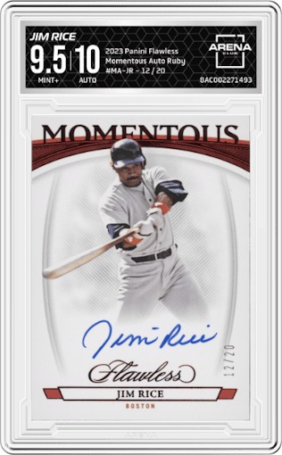 Jim Rice from the 2023 Panini Flawless set featuring a Ruby parallel graded by Arena Club and given an overall grade of 9.5.