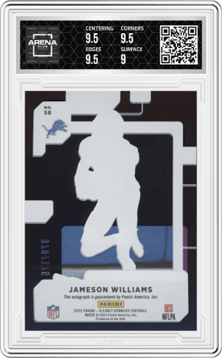 Jameson Williams from the 2022 Clearly Donruss set featuring a Purple  parallel graded by Arena Club and given an overall grade of 9.5.