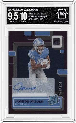 Jameson Williams from the 2022 Clearly Donruss set featuring a Purple  parallel graded by Arena Club and given an overall grade of 9.5.