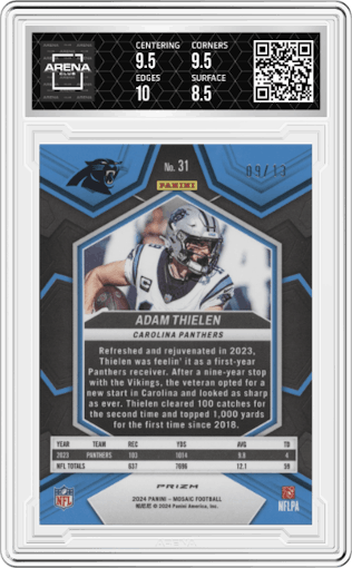 Adam Thielen from the 2024 Panini Mosaic set featuring a Green Swirl Mosaic parallel graded by Arena Club and given an overall grade of 9.