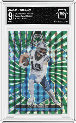 Adam Thielen from the 2024 Panini Mosaic set featuring a Green Swirl Mosaic parallel graded by Arena Club and given an overall grade of 9.