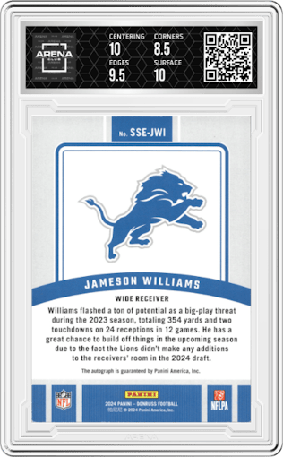Jameson Williams from the 2024 Donruss set graded by Arena Club and given an overall grade of 9.