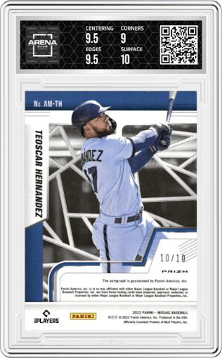 Teoscar Hernandez from the 2022 Panini Mosaic set featuring a Gold Mosaic parallel graded by Arena Club and given an overall grade of 9.5.