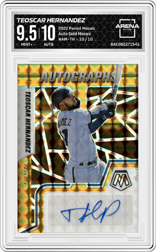 Teoscar Hernandez from the 2022 Panini Mosaic set featuring a Gold Mosaic parallel graded by Arena Club and given an overall grade of 9.5.
