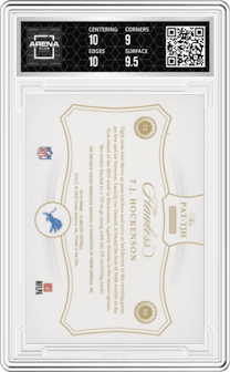 T.J. Hockenson from the 2019 Panini Flawless set featuring a Silver parallel graded by Arena Club and given an overall grade of 9.5.