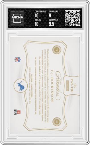 T.J. Hockenson from the 2019 Panini Flawless set featuring a Silver parallel graded by Arena Club and given an overall grade of 9.5.