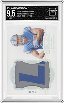 T.J. Hockenson from the 2019 Panini Flawless set featuring a Silver parallel graded by Arena Club and given an overall grade of 9.5.