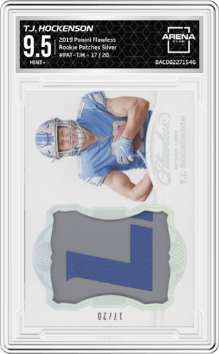 T.J. Hockenson from the 2019 Panini Flawless set featuring a Silver parallel graded by Arena Club and given an overall grade of 9.5.