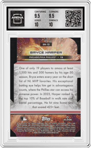 Bryce Harper from the 2024 Topps Cosmic Chrome set graded by Arena Club and given an overall grade of 10.