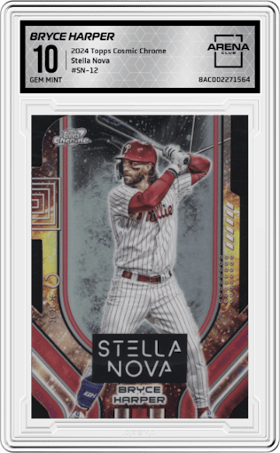 Bryce Harper from the 2024 Topps Cosmic Chrome set graded by Arena Club and given an overall grade of 10.