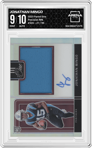 Jonathan Mingo from the 2023 Panini One set graded by Arena Club and given an overall grade of 9.