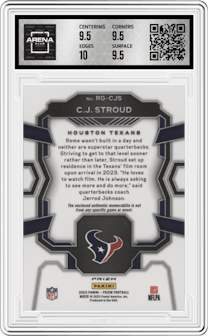 C.J. Stroud from the 2023 Panini Prizm set featuring a Pink parallel graded by Arena Club and given an overall grade of 10.