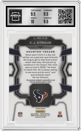 C.J. Stroud from the 2023 Panini Prizm set featuring a Pink parallel graded by Arena Club and given an overall grade of 10.