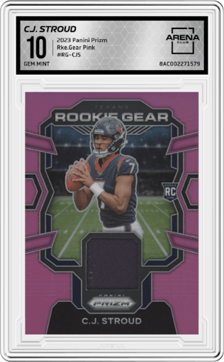 C.J. Stroud from the 2023 Panini Prizm set featuring a Pink parallel graded by Arena Club and given an overall grade of 10.