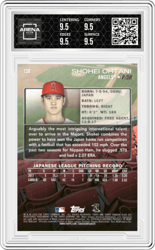 Shohei Ohtani from the 2018 Topps Stadium Club set graded by Arena Club and given an overall grade of 9.5.