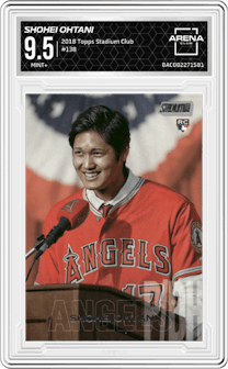 Shohei Ohtani from the 2018 Topps Stadium Club set graded by Arena Club and given an overall grade of 9.5.
