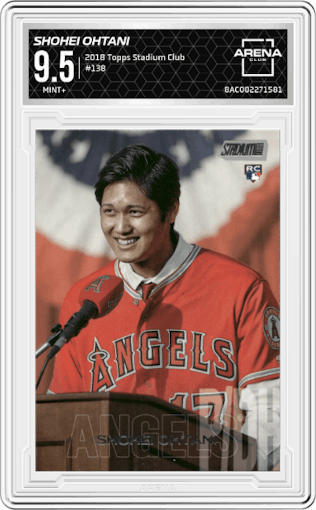 Shohei Ohtani from the 2018 Topps Stadium Club set graded by Arena Club and given an overall grade of 9.5.