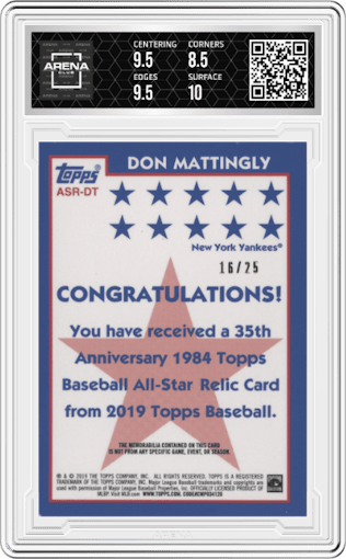 Don Mattingly from the 2019 Topps Series 2 set featuring a Red parallel graded by Arena Club and given an overall grade of 9.