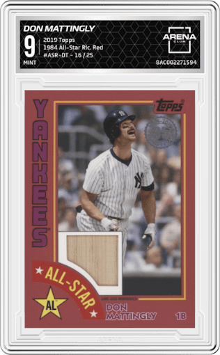 Don Mattingly from the 2019 Topps Series 2 set featuring a Red parallel graded by Arena Club and given an overall grade of 9.