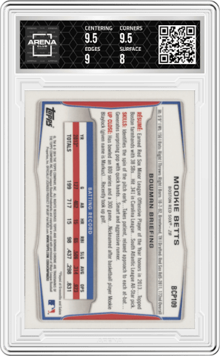 Mookie Betts from the 2014 Bowman set graded by Arena Club and given an overall grade of 8.5.