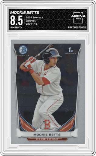 Mookie Betts from the 2014 Bowman set graded by Arena Club and given an overall grade of 8.5.