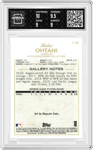 Shohei Ohtani from the 2018 Topps Gallery set graded by Arena Club and given an overall grade of 9.5.