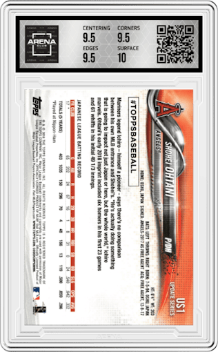 Shohei Ohtani from the 2018 Topps Update set graded by Arena Club and given an overall grade of 10.