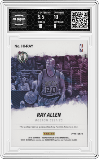Ray Allen from the 2019-20 Panini Hoops Premium Stock set graded by Arena Club and given an overall grade of 9.5.