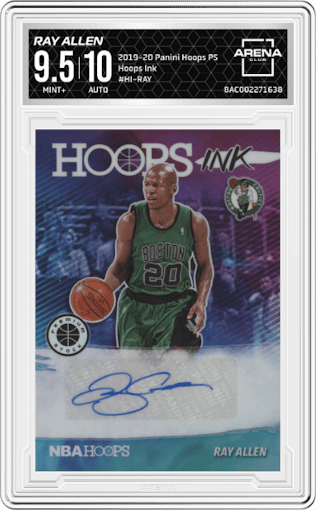 Ray Allen from the 2019-20 Panini Hoops Premium Stock set graded by Arena Club and given an overall grade of 9.5.