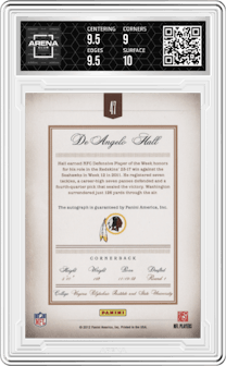 DeAngelo Hall from the 2011 Panini Prime Signatures set featuring a Silver parallel graded by Arena Club and given an overall grade of 9.5.