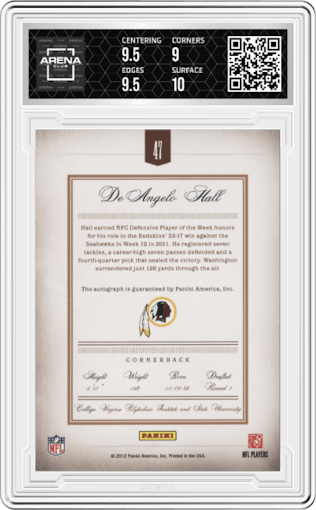 DeAngelo Hall from the 2011 Panini Prime Signatures set featuring a Silver parallel graded by Arena Club and given an overall grade of 9.5.