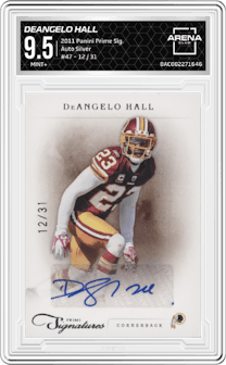 DeAngelo Hall from the 2011 Panini Prime Signatures set featuring a Silver parallel graded by Arena Club and given an overall grade of 9.5.
