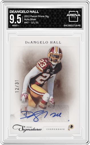 DeAngelo Hall from the 2011 Panini Prime Signatures set featuring a Silver parallel graded by Arena Club and given an overall grade of 9.5.