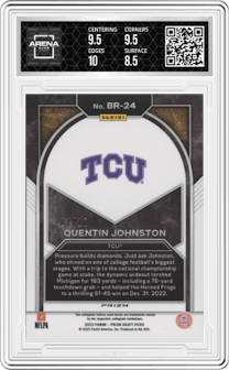 Quentin Johnston from the 2023 Panini Prizm Draft Picks set featuring a Gold Prizm parallel graded by Arena Club and given an overall grade of 9.