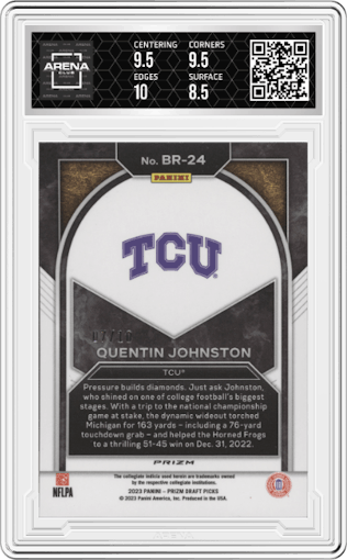 Quentin Johnston from the 2023 Panini Prizm Draft Picks set featuring a Gold Prizm parallel graded by Arena Club and given an overall grade of 9.
