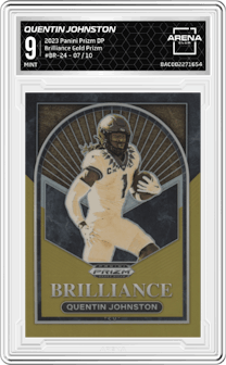 Quentin Johnston from the 2023 Panini Prizm Draft Picks set featuring a Gold Prizm parallel graded by Arena Club and given an overall grade of 9.