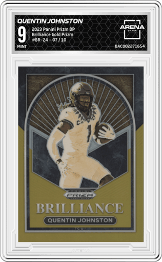 Quentin Johnston from the 2023 Panini Prizm Draft Picks set featuring a Gold Prizm parallel graded by Arena Club and given an overall grade of 9.