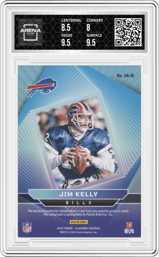 Jim Kelly from the 2023 Panini Illusions set featuring a Gold parallel graded by Arena Club and given an overall grade of 8.5.