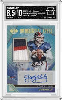 Jim Kelly from the 2023 Panini Illusions set featuring a Gold parallel graded by Arena Club and given an overall grade of 8.5.