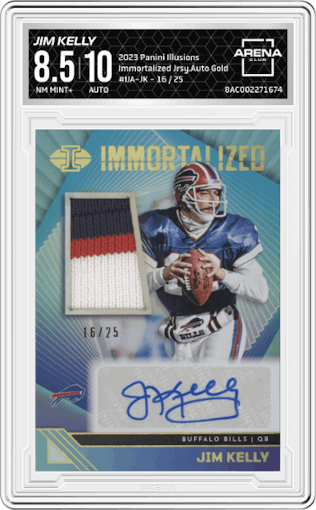 Jim Kelly from the 2023 Panini Illusions set featuring a Gold parallel graded by Arena Club and given an overall grade of 8.5.