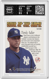 Derek Jeter from the 1999 SkyBox Premium set graded by Arena Club and given an overall grade of 8.5.