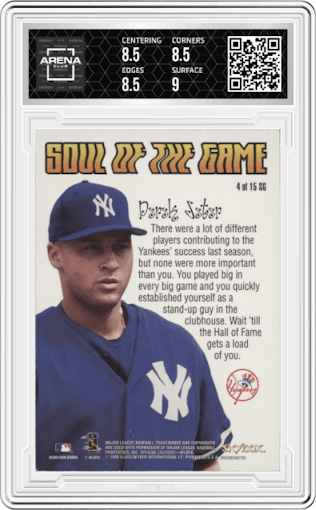 Derek Jeter from the 1999 SkyBox Premium set graded by Arena Club and given an overall grade of 8.5.