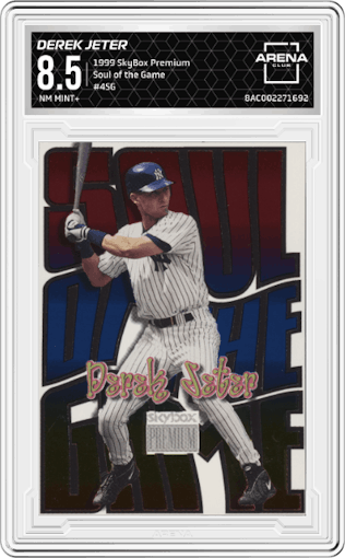Derek Jeter from the 1999 SkyBox Premium set graded by Arena Club and given an overall grade of 8.5.