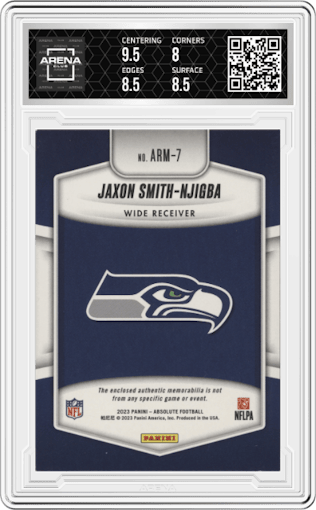Jaxon Smith-Njigba from the 2023 Panini Absolute set featuring a Holo Silver parallel graded by Arena Club and given an overall grade of 8.5.