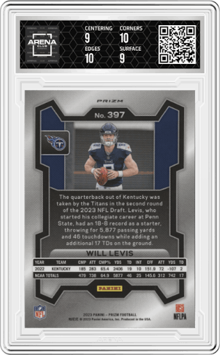 Will Levis from the 2023 Panini Prizm set featuring a Silver Prizm parallel graded by Arena Club and given an overall grade of 9.5.