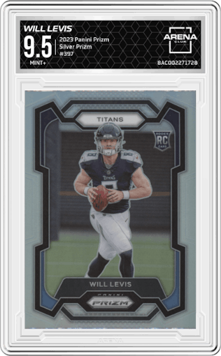 Will Levis from the 2023 Panini Prizm set featuring a Silver Prizm parallel graded by Arena Club and given an overall grade of 9.5.