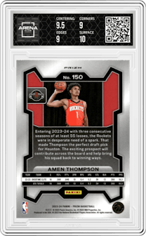 Amen Thompson from the 2023-24 Panini Prizm set featuring a Choice Blue/Yellow/Green parallel graded by Arena Club and given an overall grade of 9.5.